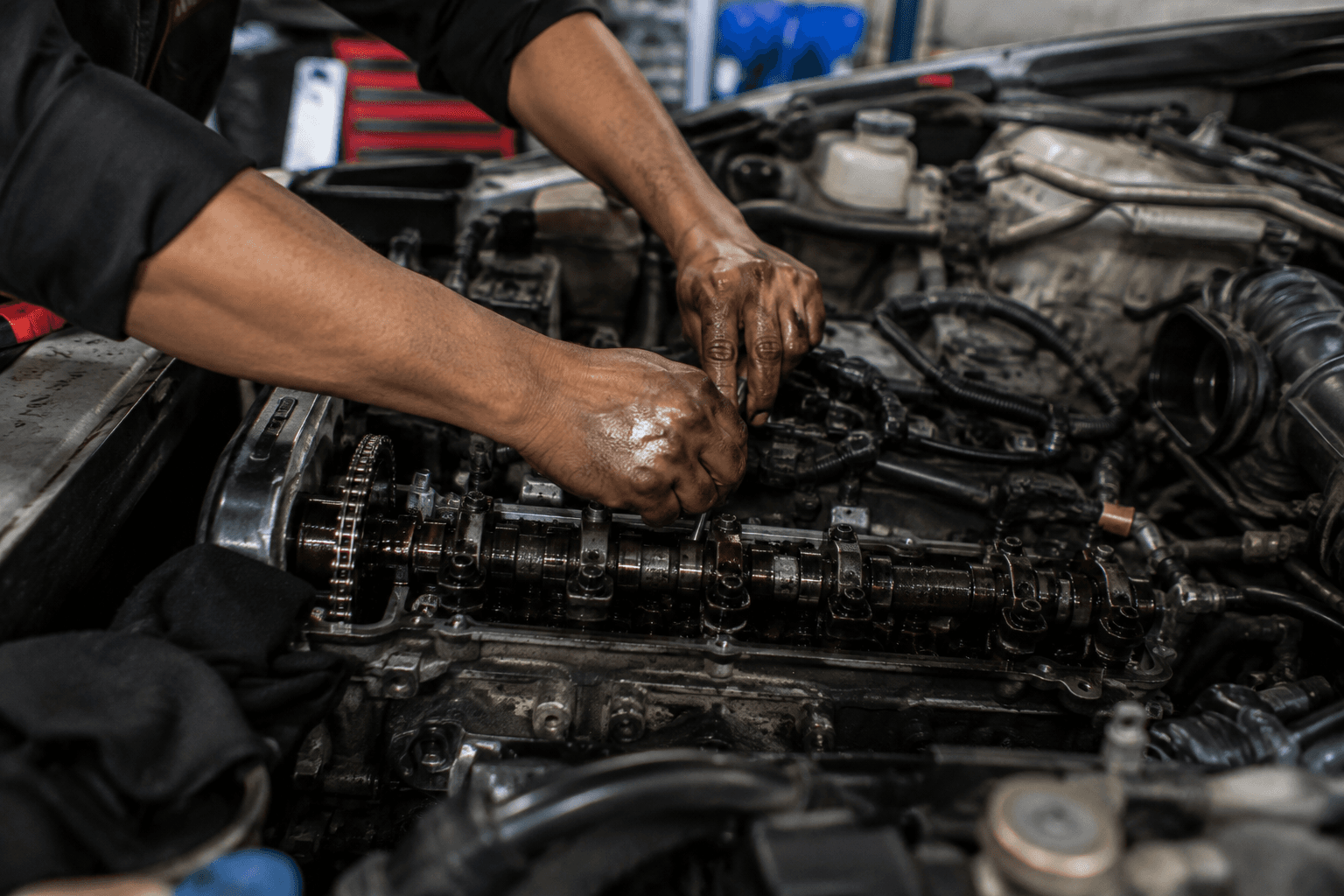 Detalle de manos y herramientas durante una reparación