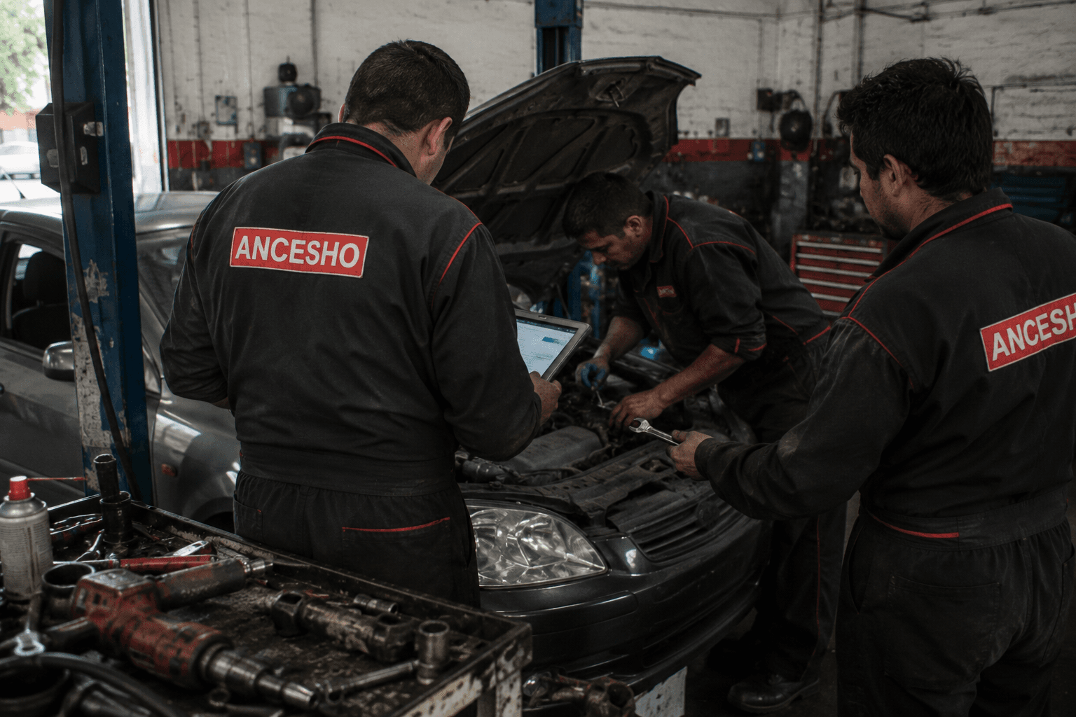 Técnicos de ANCESHO trabajando en un vehículo